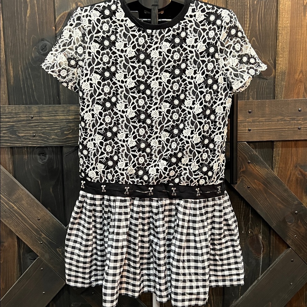 Zara Black Gingham Plaid Dress S White Floral Whimsigoth Lace Fairy Grunge Edgy